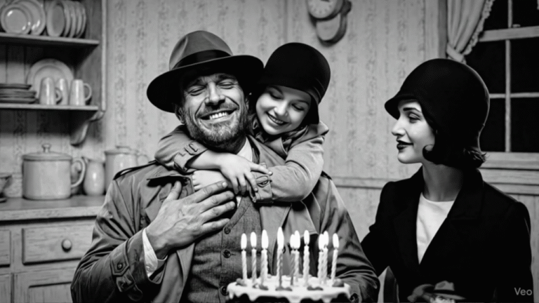 Black and white noir image of Jack Hammer with daughter Jackie Angel and wife Angela at a table with birthday cake