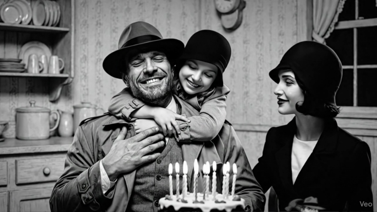 Black and white noir image of Jack Hammer with daughter Jackie Angel and wife Angela at a table with birthday cake