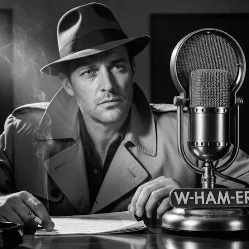 Noir radio announcer in old time radio booth