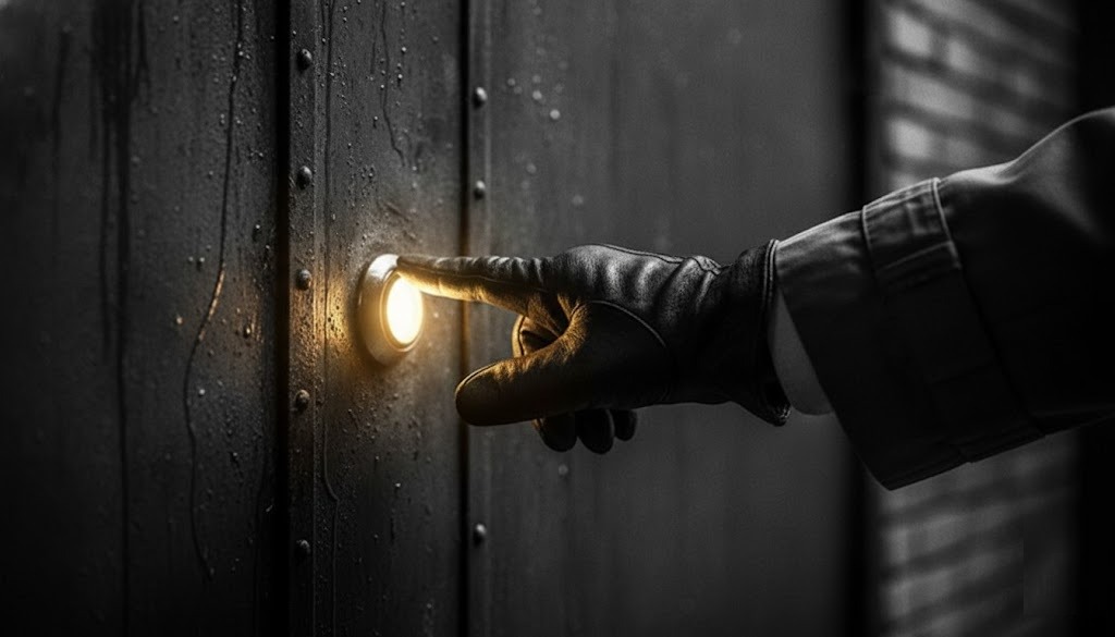 Noir.Black and white of a gloved finger about to press a yellow, lighted door buzzer