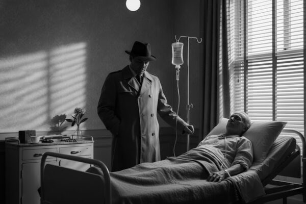 Noir detective stands by the hospital deathbed of an old friend.