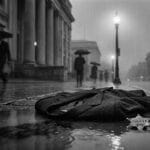 Noir flavored image of a cheap suit lying in the wet muddy streets of DC