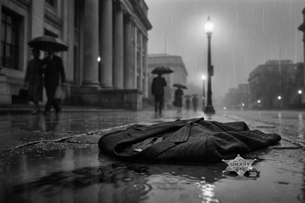Noir flavored image of a cheap suit lying in the wet muddy streets of DC