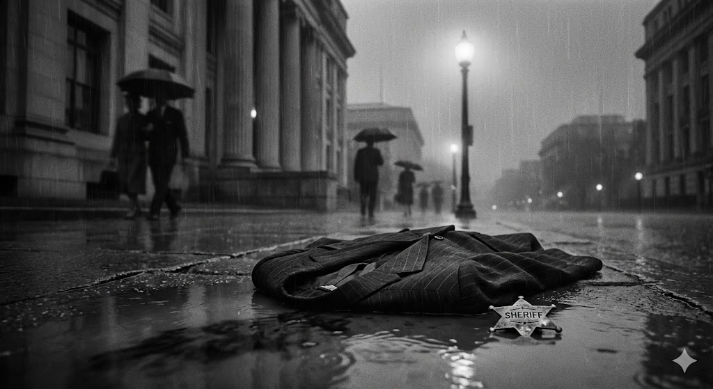 Noir flavored image of a cheap suit lying in the wet muddy streets of DC