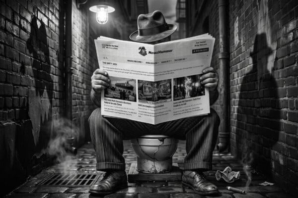 Humor. Noir. Black and white. A heavy set man sits on a toilet hidden behind the folded newspaper he is reading.