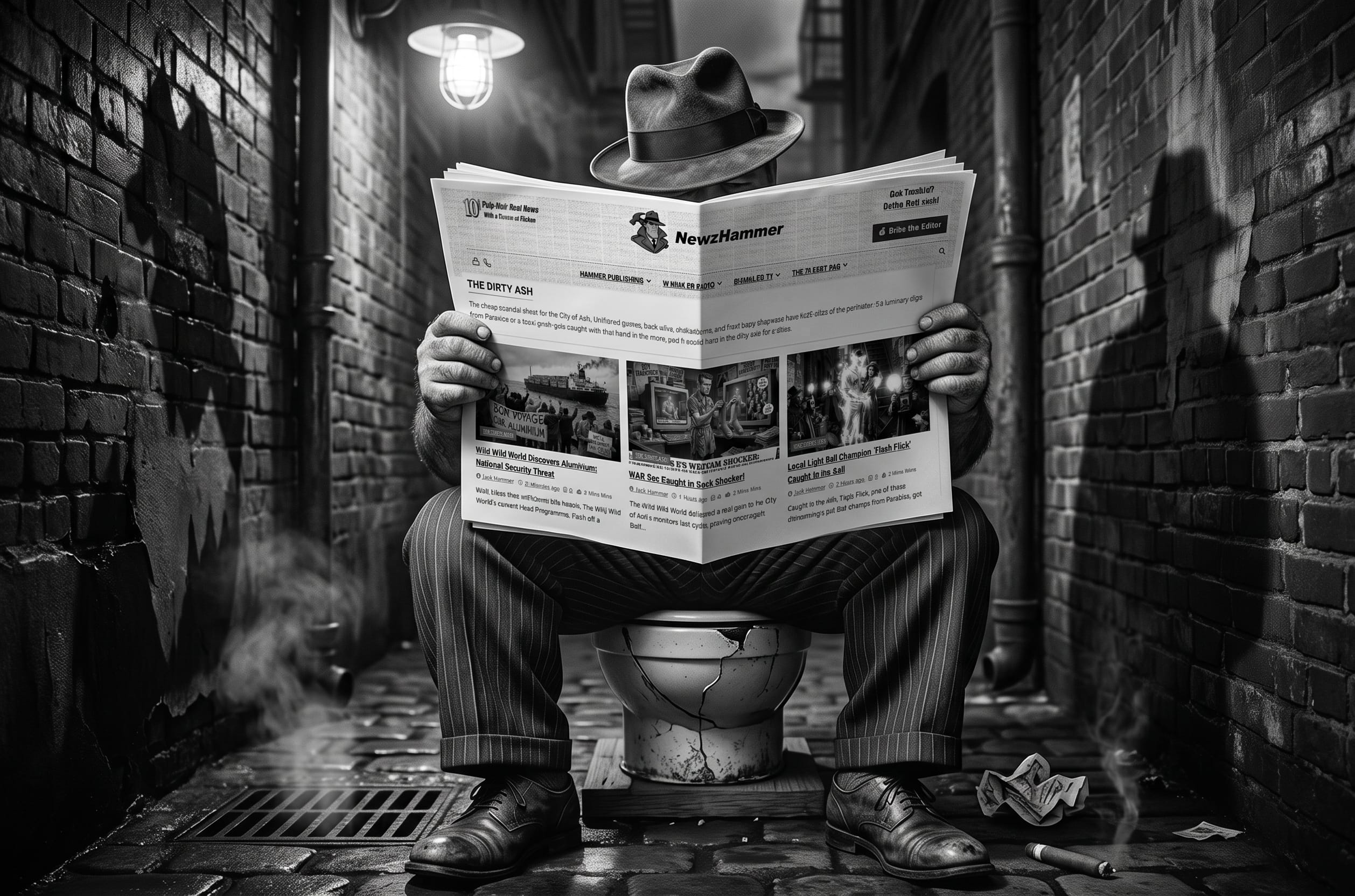 Humor. Noir. Black and white. A heavy set man sits on a toilet hidden behind the folded newspaper he is reading.