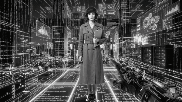 A noir woman appears as a System Anomaly within the inner workings of a computer.