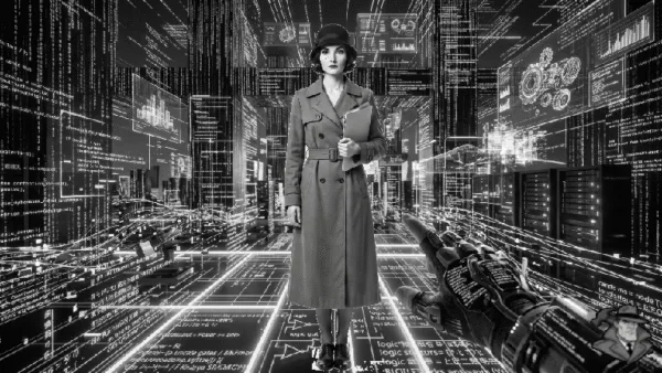 A noir woman appears as a System Anomaly within the inner workings of a computer.