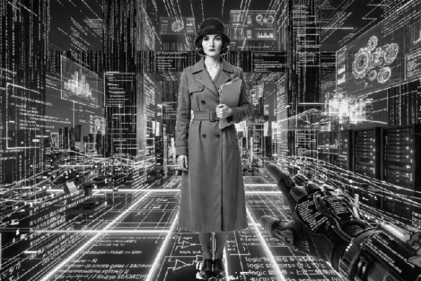A noir woman appears as a System Anomaly within the inner workings of a computer.
