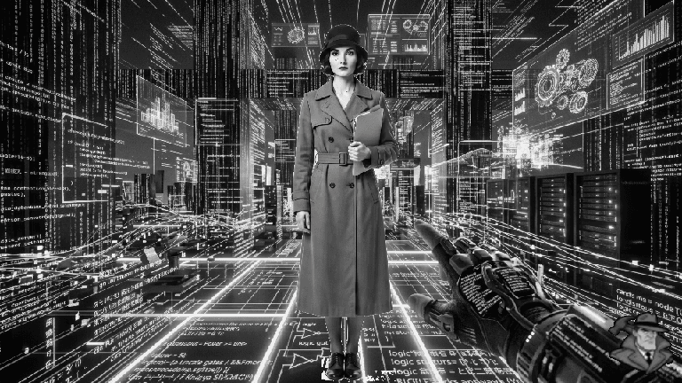 A noir woman appears as a System Anomaly within the inner workings of a computer.