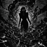 NewzHammer Cyber Noir image of an AI fem-fatal coming into sentience from a pool of light amidst a vortex of swirling newspapers