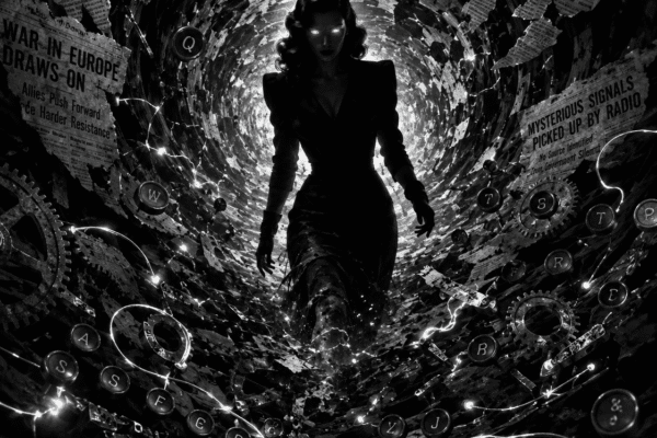 NewzHammer Cyber Noir image of an AI fem-fatal coming into sentience from a pool of light amidst a vortex of swirling newspapers