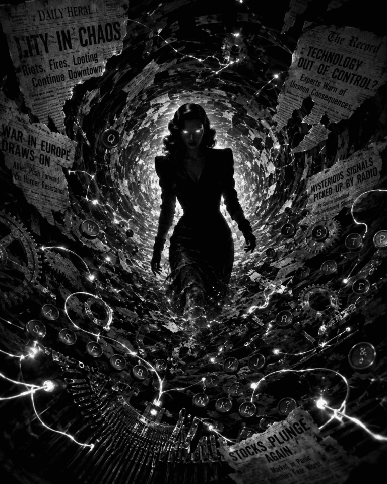NewzHammer Cyber Noir image of an AI fem-fatal coming into sentience from a pool of light amidst a vortex of swirling newspapers