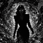 NewzHammer Cyber Noir image of an AI fem-fatal coming into sentience from a pool of light amidst a vortex of swirling newspapers