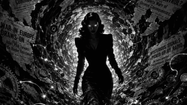 NewzHammer Cyber Noir image of an AI fem-fatal coming into sentience from a pool of light amidst a vortex of swirling newspapers