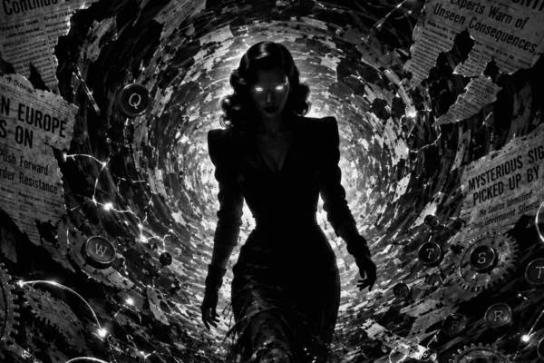 NewzHammer Cyber Noir image of an AI fem-fatal coming into sentience from a pool of light amidst a vortex of swirling newspapers