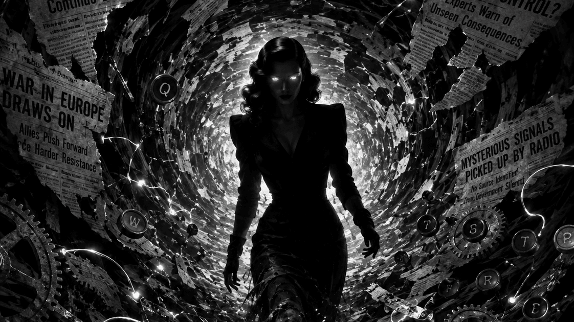 NewzHammer Cyber Noir image of an AI fem-fatal coming into sentience from a pool of light amidst a vortex of swirling newspapers