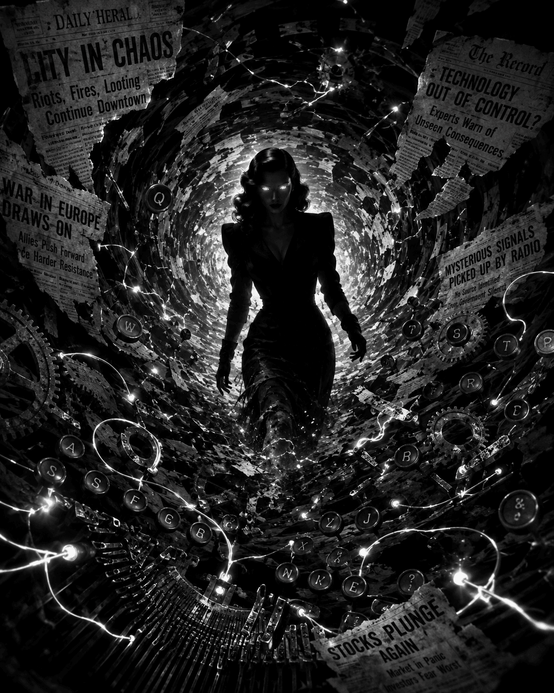 Cyber Noir image of an AI fem-fatal coming into sentience from a pool of light amidst a vortex of swirling newspapers