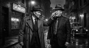 A Noir gangster Schumer grabbing a gangster trump by the nose.