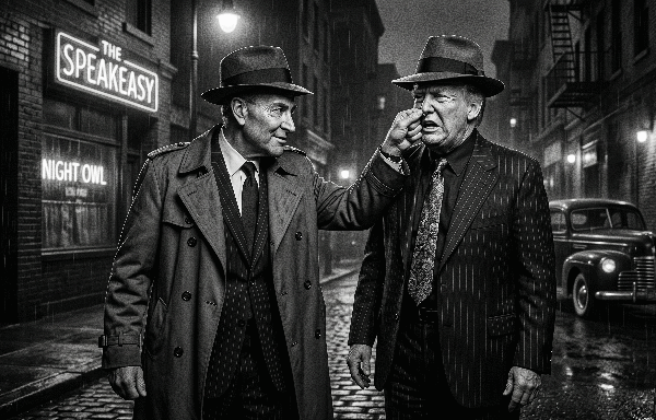 A Noir gangster Schumer grabbing a gangster trump by the nose.