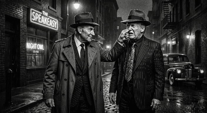 A Noir gangster Schumer grabbing a gangster trump by the nose.