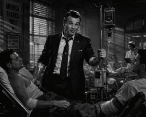 A drunken Whiskey Pete Hegseth visiting wounded Service members in Military hospital. Pete Hegseth has an IV in his arm and is pushing a mobile intravenous infusion pole. The IV bag is an upside bottle of whiskey. 1940's Noir style. Black and white