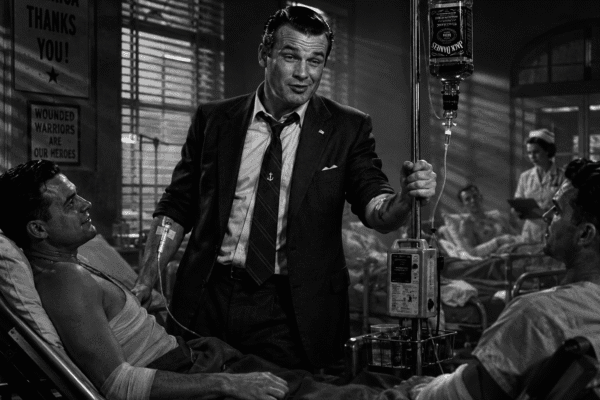A drunken Whiskey Pete Hegseth visiting wounded Service members in Military hospital. Pete Hegseth has an IV in his arm and is pushing a mobile intravenous infusion pole. The IV bag is an upside bottle of whiskey. 1940's Noir style. Black and white