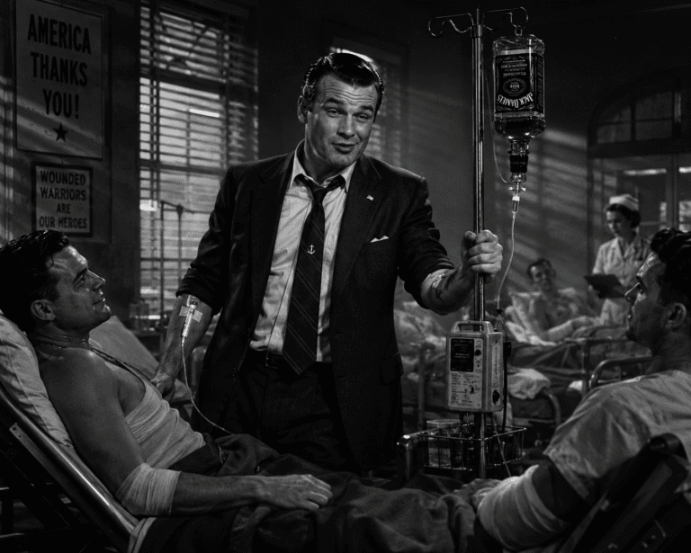 A drunken Whiskey Pete Hegseth visiting wounded Service members in Military hospital. Pete Hegseth has an IV in his arm and is pushing a mobile intravenous infusion pole. The IV bag is an upside bottle of whiskey. 1940's Noir style. Black and white