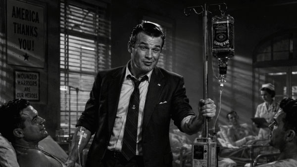 A drunken Whiskey Pete Hegseth visiting wounded Service members in Military hospital. Pete Hegseth has an IV in his arm and is pushing a mobile intravenous infusion pole. The IV bag is an upside bottle of whiskey. 1940's Noir style. Black and white