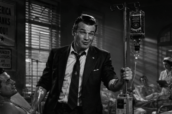 A drunken Whiskey Pete Hegseth visiting wounded Service members in Military hospital. Pete Hegseth has an IV in his arm and is pushing a mobile intravenous infusion pole. The IV bag is an upside bottle of whiskey. 1940's Noir style. Black and white