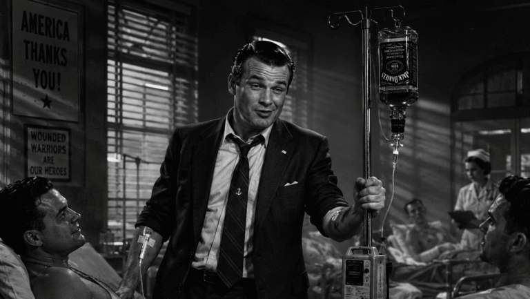 A drunken Whiskey Pete Hegseth visiting wounded Service members in Military hospital. Pete Hegseth has an IV in his arm and is pushing a mobile intravenous infusion pole. The IV bag is an upside bottle of whiskey. 1940's Noir style. Black and white