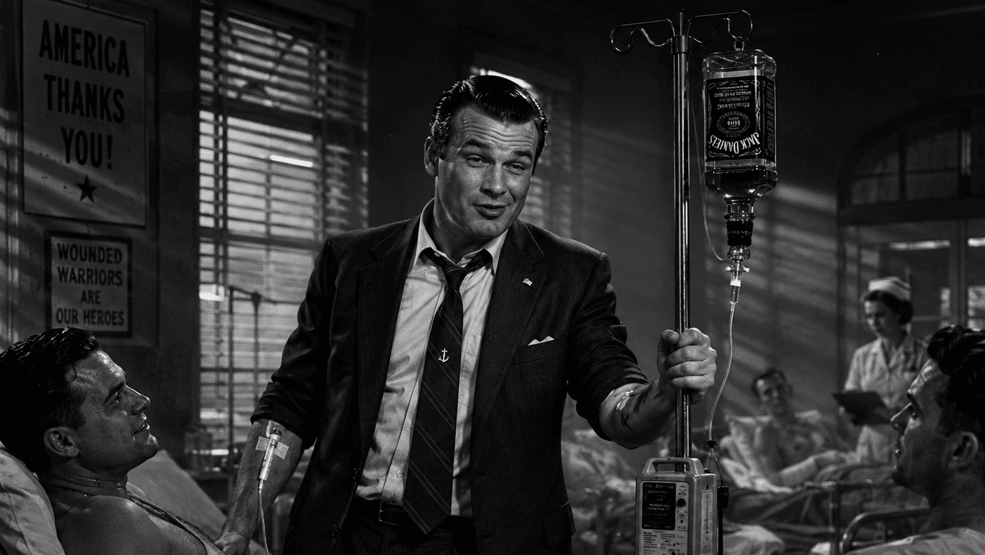 A drunken Whiskey Pete Hegseth visiting wounded Service members in Military hospital. Pete Hegseth has an IV in his arm and is pushing a mobile intravenous infusion pole. The IV bag is an upside bottle of whiskey. 1940's Noir style. Black and white