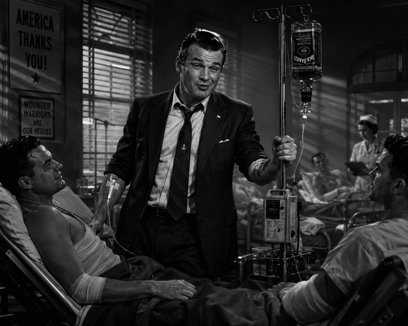 A drunken Whiskey Pete Hegseth visiting wounded Service members in Military hospital. Pete Hegseth has an IV in his arm and is pushing a mobile intravenous infusion pole. The IV bag is an upside bottle of whiskey. 1940's Noir style. Black and white