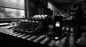 GrapheneOS A high-contrast, black-and-white, hardboiled film noir photograph. High contrast, deep pitch-black shadows and stark white highlights. Shot from a low angle on a scuffed, rain-slicked dark wood news desk next to a vintage mechanical typewriter. Resting on the desk is a modern, sleek smartphone. A sharp beam of light passes through open Venetian blinds, casting dramatic zebra-stripe shadows across the desk and phone. The smartphone screen is pitch black except for a crisp, stark white pixelated padlocked icon sitting dead-center on the display. Moody, atmospheric, gritty texture, cinematic film grain, zero color.