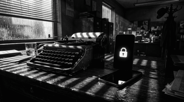 GrapheneOS A high-contrast, black-and-white, hardboiled film noir photograph. High contrast, deep pitch-black shadows and stark white highlights. Shot from a low angle on a scuffed, rain-slicked dark wood news desk next to a vintage mechanical typewriter. Resting on the desk is a modern, sleek smartphone. A sharp beam of light passes through open Venetian blinds, casting dramatic zebra-stripe shadows across the desk and phone. The smartphone screen is pitch black except for a crisp, stark white pixelated padlocked icon sitting dead-center on the display. Moody, atmospheric, gritty texture, cinematic film grain, zero color.