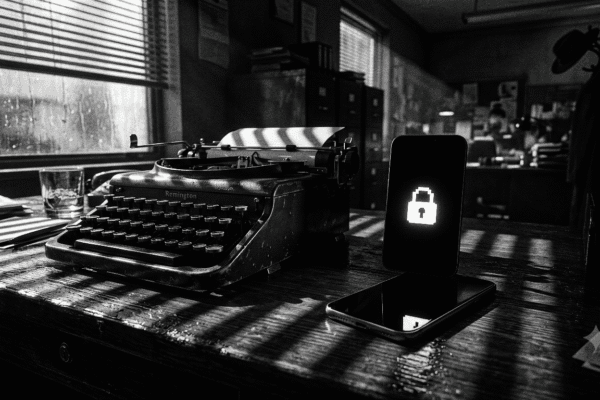 GrapheneOS A high-contrast, black-and-white, hardboiled film noir photograph. High contrast, deep pitch-black shadows and stark white highlights. Shot from a low angle on a scuffed, rain-slicked dark wood news desk next to a vintage mechanical typewriter. Resting on the desk is a modern, sleek smartphone. A sharp beam of light passes through open Venetian blinds, casting dramatic zebra-stripe shadows across the desk and phone. The smartphone screen is pitch black except for a crisp, stark white pixelated padlocked icon sitting dead-center on the display. Moody, atmospheric, gritty texture, cinematic film grain, zero color.