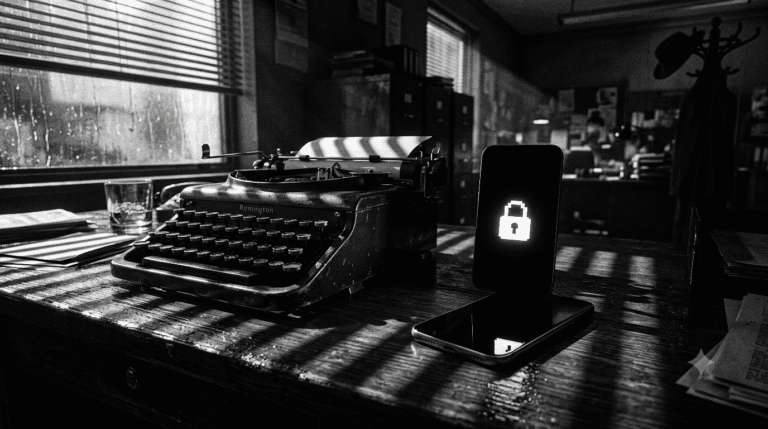 GrapheneOS A high-contrast, black-and-white, hardboiled film noir photograph. High contrast, deep pitch-black shadows and stark white highlights. Shot from a low angle on a scuffed, rain-slicked dark wood news desk next to a vintage mechanical typewriter. Resting on the desk is a modern, sleek smartphone. A sharp beam of light passes through open Venetian blinds, casting dramatic zebra-stripe shadows across the desk and phone. The smartphone screen is pitch black except for a crisp, stark white pixelated padlocked icon sitting dead-center on the display. Moody, atmospheric, gritty texture, cinematic film grain, zero color.