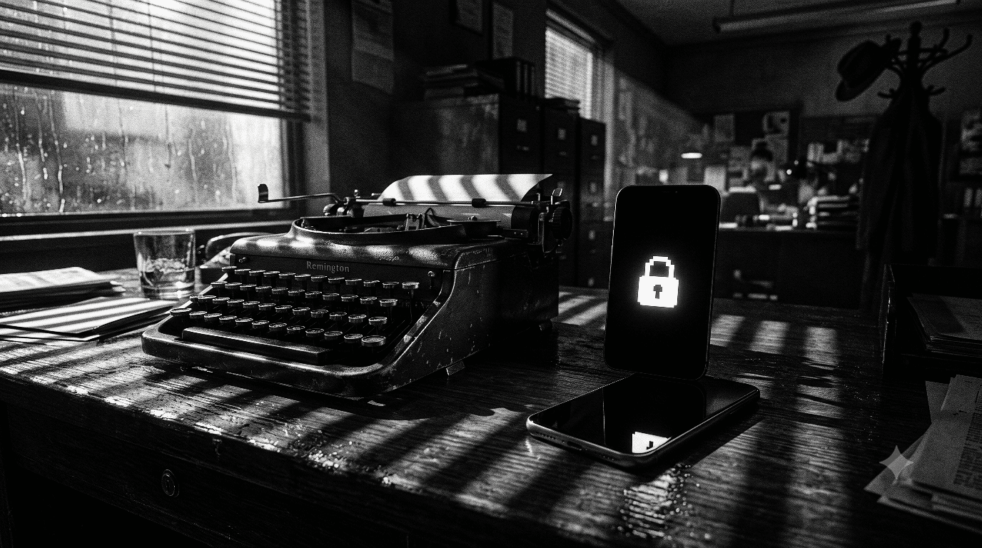 GrapheneOS A high-contrast, black-and-white, hardboiled film noir photograph. High contrast, deep pitch-black shadows and stark white highlights. Shot from a low angle on a scuffed, rain-slicked dark wood news desk next to a vintage mechanical typewriter. Resting on the desk is a modern, sleek smartphone. A sharp beam of light passes through open Venetian blinds, casting dramatic zebra-stripe shadows across the desk and phone. The smartphone screen is pitch black except for a crisp, stark white pixelated padlocked icon sitting dead-center on the display. Moody, atmospheric, gritty texture, cinematic film grain, zero color.