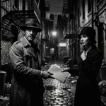 A noir detective passes a folder to a femme fatale in a dark rainy alley. Black and white.