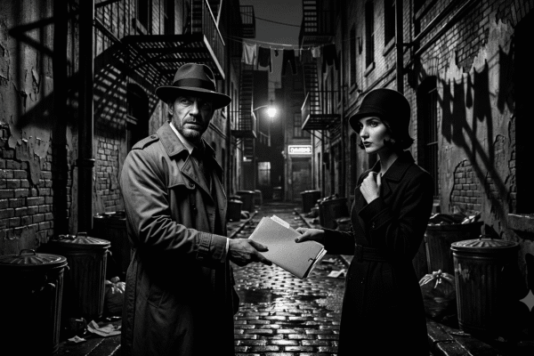 A Noir man and woman exchange a folder of secret documents in an alley. Black and white
