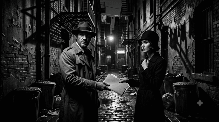 A Noir man and woman exchange a folder of secret documents in an alley. Black and white