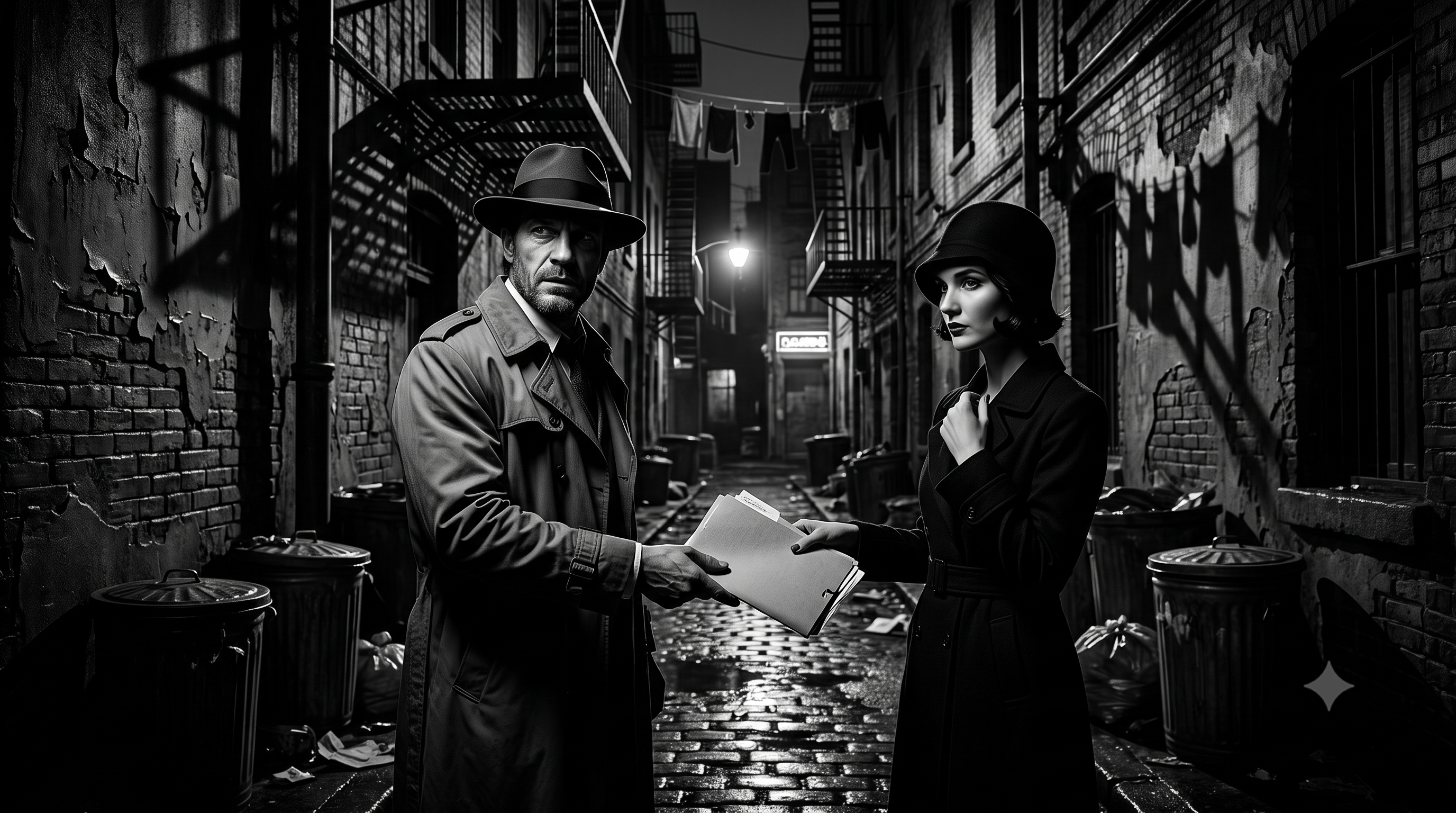 Noir Detective and underground woman exchange a covert dispatch in a dark alley.