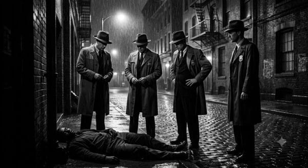 Noir era ICE agents stand looking at the body of their latest kill