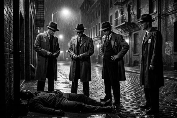 Noir era ICE agents stand looking at the body of their latest kill