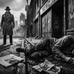 Black and white noir image of a wino in the gutter in a run down slum in the city of ash