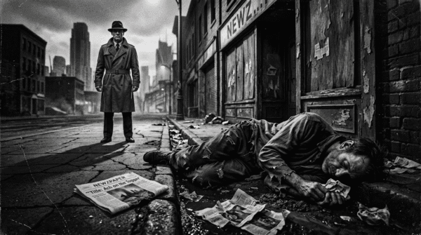Black and white noir image of a wino in the gutter in a run down slum in the city of ash