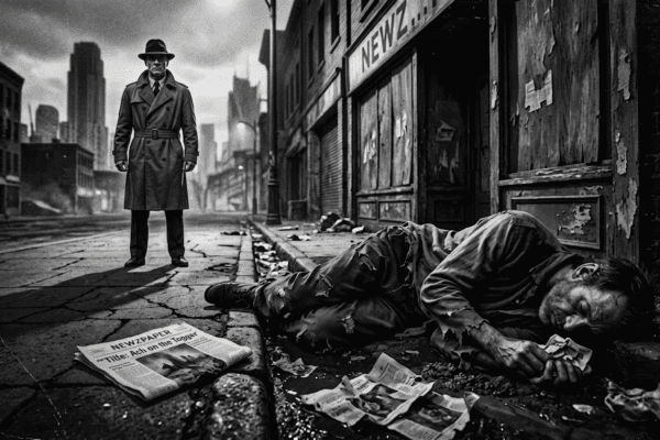 Black and white noir image of a wino in the gutter in a run down slum in the city of ash