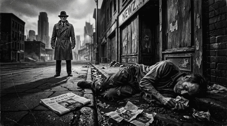 Black and white noir image of a wino in the gutter in a run down slum in the city of ash