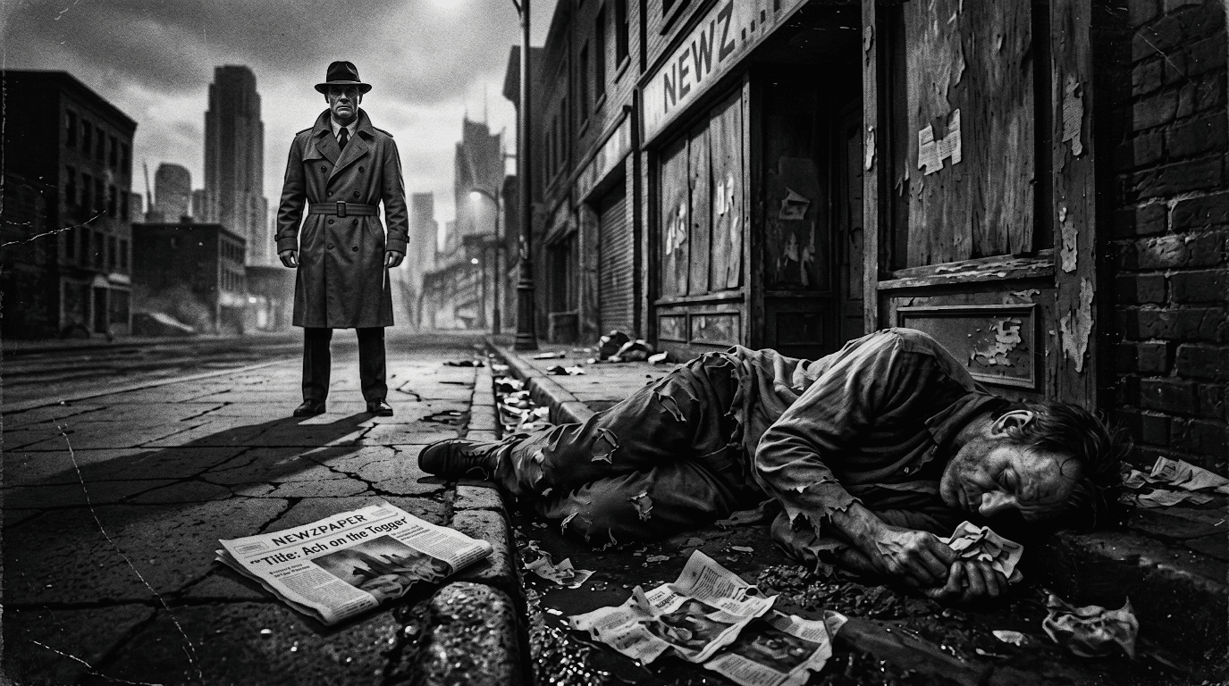 Black and white noir image of a wino in the gutter in a run down slum in the city of ash