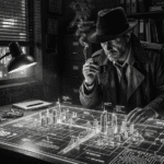 Black and white image of a Noir detective sitting at his desk looking over a 3D blueprint of a Cyberscape.